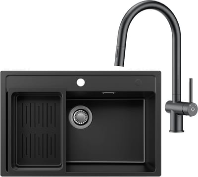 Anycee Max Granieten Spoelbak 70x46CM - Spoelbak Keuken Met Keukenmengkraan met Uittrekbare Handdouche - Enkele spoelbakken Met Afdruiprek en Sifon - Afvoer en Overloopset