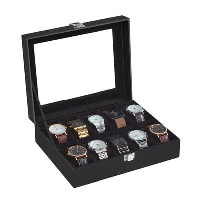SONGMICS - Horloge Doos - Met 10 Vakken - Glazen Deksel - Uitneembare Horlogekussens