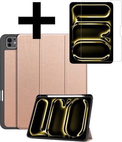 Hoes - Geschikt voor Apple iPad Pro (2024/2025) - 11 inch - Met Screenprotector - Trifold Bookcase - Hard Cover Case - Met Uitsparing Geschikt voor Apple Pencil - Hardcover Book - Tablet Hoesje - Rosé goud