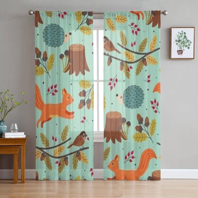 Herfst Eekhoorn Bosdieren Tule Transparante Gordijnen voor Woonkamer de Kamer Slaapkamer Keuken Decoratie Voile Organza Gordijnen 135W x 114H(cm)
