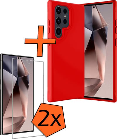 Hoes - Met 2x Screenprotector - Geschikt voor Samsung Galaxy S24 Ultra - Sterk & Shockproof - Back Cover - Siliconen Case - Telefoon Hoes - Rood