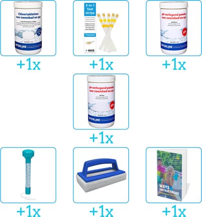 Zwembad Onderhoudspakket - Onderhoud Zwembad - bevat Chloor - Testrips - PH-min - PH-plus - Thermometer - Scrubborstel en Zwembadgids (7-delig)