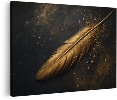 Artaza Canvas Schilderij Gouden Veer - Abstract Donker En Elegant - 60x40 cm - Wanddecoratie Woonkamer - Schilderijen - Muurdecoratie