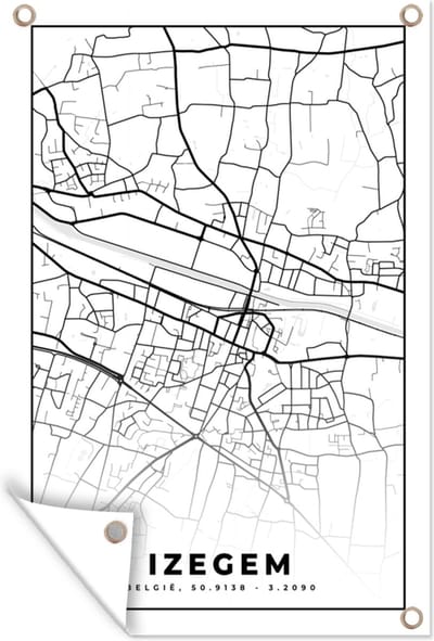 Muurdecoratie België – Izegem – Stadskaart – Kaart – Zwart Wit – Plattegrond - 120x180 cm - Tuinposter - Tuindoek
