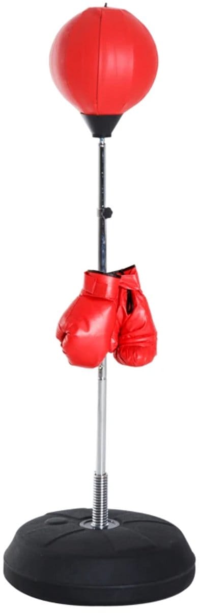 Staande Boksbal - in Hoogte Verstelbaar tot 126-144 cm - met Voet - met Handschoenen - op Standaard - Bokszak Staand - Boksen - Boxing - Reflex Bal - Bokspaal voor Gevorderden - Anti Stress - Rood