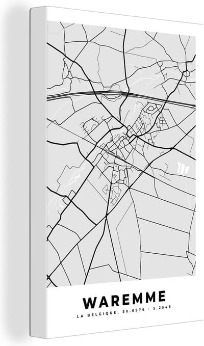 Canvas Schilderij Stadskaart – Zwart Wit - Kaart – Waremme – België – Plattegrond - 20x30 cm - Wanddecoratie