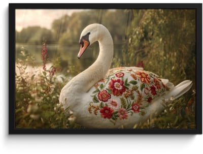 Poster in lijst - Fotolijst 60x40 cm - Posters - Zwaan - Bloemen - Natuur - Posterlijst zwart - Decoratie - Wanddecoratie woonkamer - Muurdecoratie slaapkamer