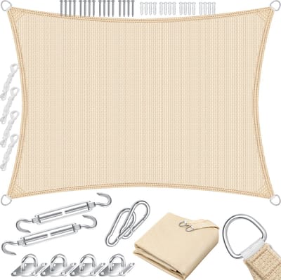 KESSER® Schaduwdoek | zonnezeil zonwering windbescherming | HDPE stof | waterafstotend & windwerend | 5-voudig kruislings gestikt robuust & stabiel schaduwgever tuin balkon terras - Creme, Rechthoek,3x5m