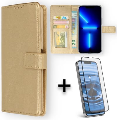 HB Hoesje Geschikt voor Apple iPhone 13 Mini Goud & 1 Stuk Volledige Glazenscreen protector - Portemonnee Book Case - Kaarthouder & Magneetlipje