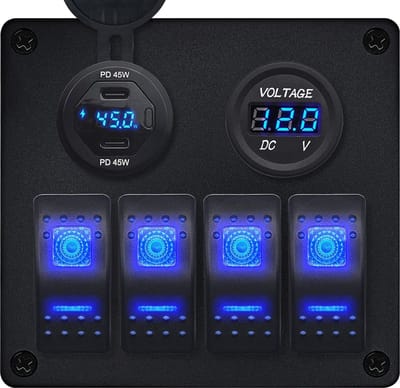 ProRide Schakelpaneel 12V voor Auto/Boot - USB C Lader 2 Poorten met Voltmeter/Wattagemeter - 45W/QC3.0 - 4 Schakelaars
