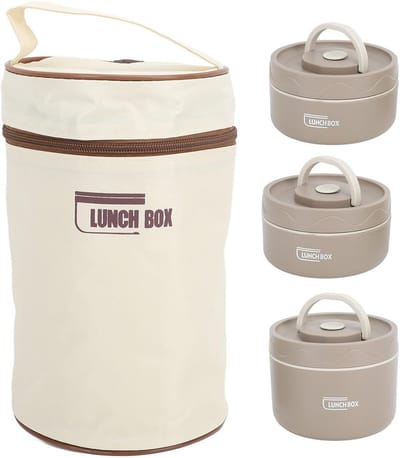 VHV-3-Laags RVS Lunchbox Vacuüm Geïsoleerd - Lekvrije Voedselcontainer met Lunchtas - 1480ml Roestvrijstalen Lunchtrommel voor Kantoor en Picknick - Duurzame Bento Box voor Warme Maaltijden - bruin