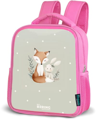 NoBoringSuitcases.com® - Rugzak roze - Schooltas meisjes - Vos en konijn omringd door groene blaadjes en stippen - Kinder rugtas meisje - Boekentas kind - Kinderrugzak voor school - Schoolrugzak