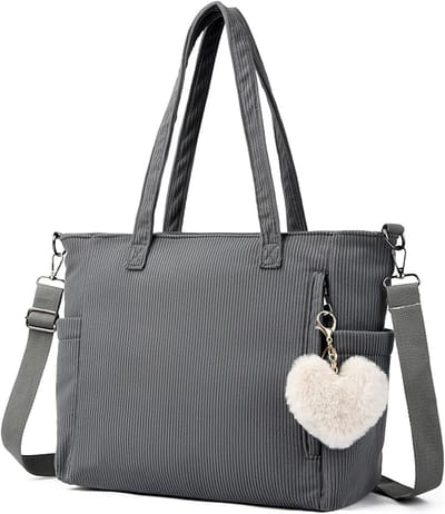 Famanu - Cord Tote Bag tas dames schoudertas grote shopper tas handtas schoudertas voor werk kantoor reizen winkelen school, Kleur: Grijs