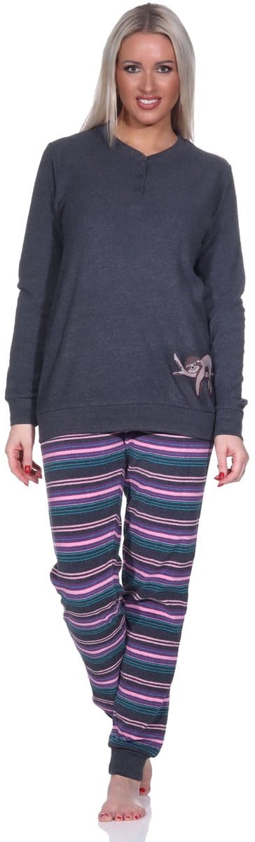 Dames badstof pyjama broek gestreept - leuk luiaard dierenmotief - ook in oversized maten