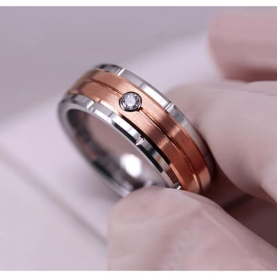 Nieuwe Mode 8mm Heren Dubbele Groef Afgeschuinde RVS Ring Blauwe Geborstelde Inleg AAA Zirkoon Ring Heren Trouwring Sieraden 12 gray