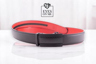 Zwart + rood lederen riem zonder gaatjes met automatische gesp voor heren ( model N134 )