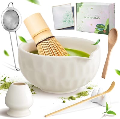 Complete Matcha Set met 8 Onderdelen: Lumpsvrije Matcha met RVS Zeef, Bamboe Klopper, Houten Lepel en Cadeauverpakking