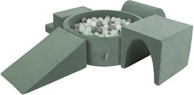 KiddyMoon spielplatz velvet aus schaumstoff mit samt rund bällebad (200 bälle) ballgruben für babys spielbad hindernisläufen, hergestellt in der eu, waldgrün: weiß/grau/minze