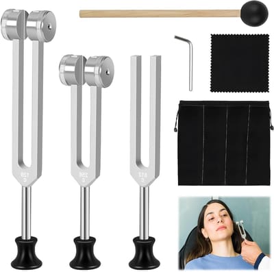 Set van Tuning Forks 128 Hz, 256 Hz en 512 Hz voor Frequentietherapie, Yoga en Meditatie met Hamer en Aluminium Legering