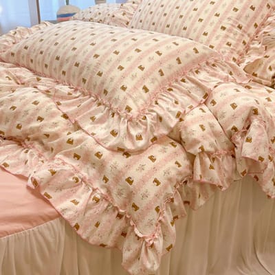 2/3-delige Koreaanse Prinsessenstijl Bloemen Ruches Beddengoed Set Eenpersoons Queen Size Zacht Huidvriendelijk Gewassen Katoen Dekbedovertrek Kussensloop 150x200cm 3pcs