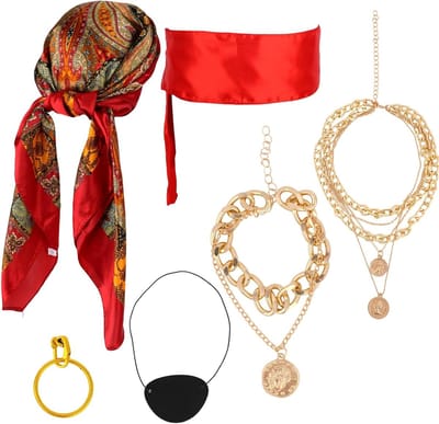 6-delige Piraten Kostuum Accessoires Set voor Vrouwen, Inclusief Hoofdband, Sieraad en Oogmasker voor Halloween Cosplay