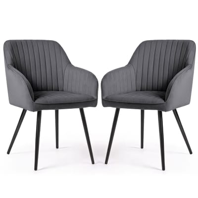 Set van 2 Eetkamerstoelen FLORENCE met Armleuningen / Gestoffeerde Stoelen / Fluwelen Stoelen en Metalen Poten / Antraciet met zwarte benen