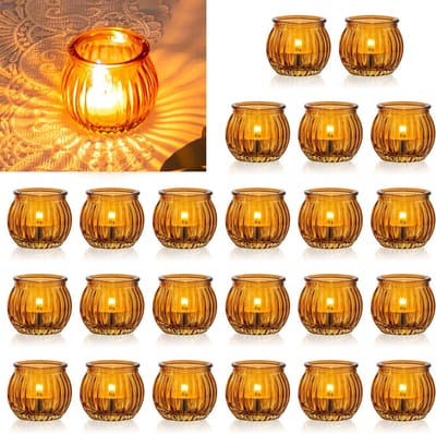 Theelicht Kaarshouders - Set van 24 Amber Glas Pompoen Theelichthouder Geribbelde Votief Bulk Kerstmis Halloween Decoraties Bruiloft Feest Woonkamer Tafel Centraces