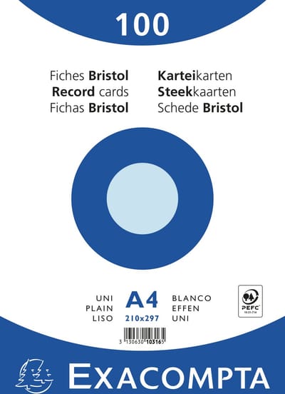 Exacompta 10x Pak 100 steekkaarten in folie - bristol effen niet geperforeerd - 210x297mm - Hemelsblauw - 10316E