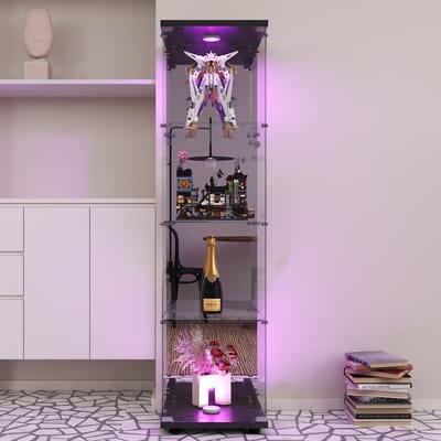 Vitrinekast van glas met LED-verlichting, 164 cm moderne staande vitrinekast met 4 ESG-glasplanken, collectievitrinekast voor bar, woonkamer, 164 x 42,5 x 36,5 cm, zwart