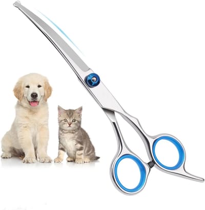 EXCITAT Hondenschaar - gebogen schaar - hondentrimschaar geschikt voor honden en katten - veilige ronde trimschaar - roestvrijstalen trimschaar geschikt voor honden en katten - blauwe gebogen schaar - 1 stuks
