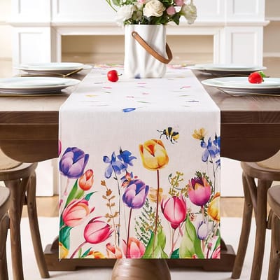 Tafelloper, lente, paars, moderne tafelloper, 33 x 183 cm, tulpen, afwasbaar, bloemen, lentedecoratie, voor binnen, voor keuken, eetkamer, party, binnen, vakantie, salontafels, eettafels, brunchs