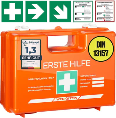 WERKSTEIN EHBO koffer met inhoud volgens de nieuwe DIN 13157:2021 - EHBO doos inclusief praktische muurbeugel, 5x stickers & zegel - EHBO set opbergbox voor bedrijven, instellingen en thuis