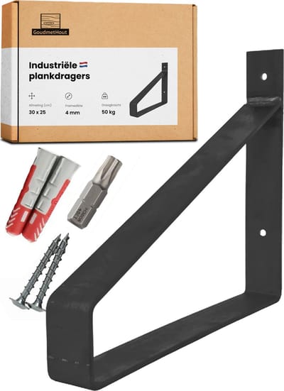 GoudmetHout® Industriële Plankdragers XL - 30 cm - Stalen Plankdrager voor Wandschap, Muurrek of Wandconsole - Max 50 kg - 1 stuk - Mat Blank