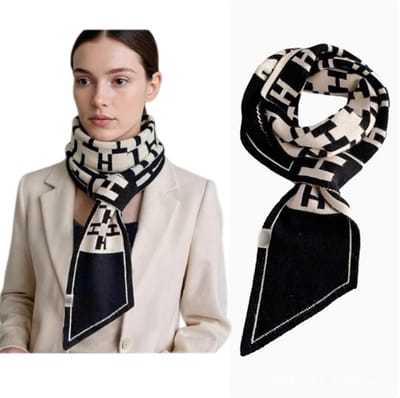 sjaal dames- sjaal- Smal gebreide sjaal - Winter Uittrekbaar ontwerp voor dames - Geruit letterpatroon - Smalle lange sjaal - Warme kraagsjaal - Stijlvolle nekwarmer (zwart-wit - 125*12 cm)