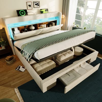 DESMIU Gestoffeerd Bed 160x200 Cm - Bed Met Oplaadfunctie En Led Verlichting - Hydraulische Opbergruimte En Lade - Voor Slaapkamer - Linnen - Beige - Zonder Matras