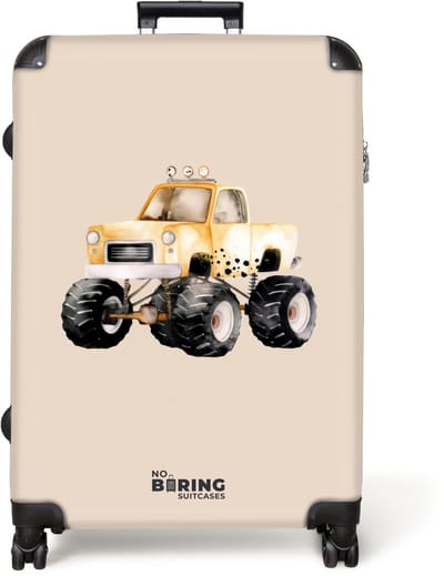 NoBoringSuitcases.com® - Koffer groot - Reiskoffer lichtgewicht - Gele monstertruck op een beige achtergrond - Rolkoffer met 4 wielen - Grote trolley XL - 98 liter bagage