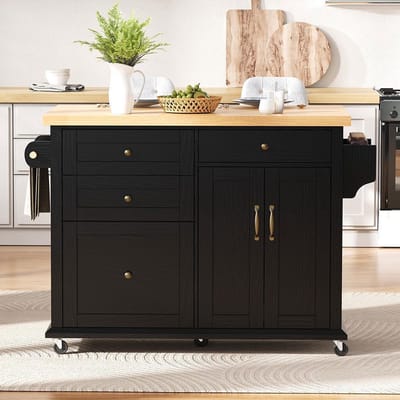 BLACKCOLORS Verrijdbaar keukeneiland met wieltjes en uitschuifbare tafel, keukentrolley met multifunctionele lades, ideaal voor de keuken en eetkamer (zwart)