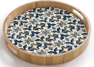 Dienblad rond 40x40 cm - Schootdienblad hout - Tegel - Patroon - Blauw - Beige - Borrelplank rechthoek - Plateau houten dienbladen