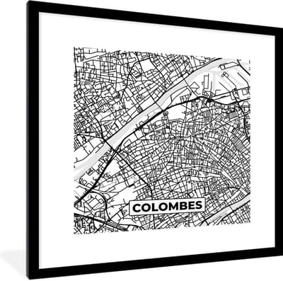 Fotolijst incl. Poster Zwart Wit- Frankrijk - Kaart - Plattegrond - Colombes - Stadskaart - Zwart wit - 40x40 cm - Posterlijst
