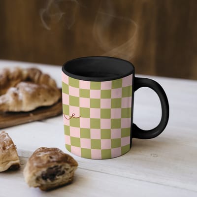 Magische Mok - Foto op Warmte Mokken - Koffiemok - Patroon - Geblokt - Olijfgroen - Amore - Magic Mok - Beker - 350 ML - Theemok - Mok met Tekst