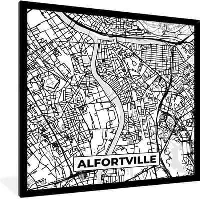 Fotolijst incl. Poster Zwart Wit- Stadskaart - Plattegrond - Kaart - Alfortville - Frankrijk - Zwart wit - 40x40 cm - Posterlijst