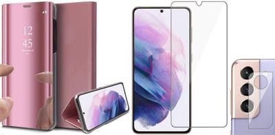 Hoesje geschikt voor Samsung Galaxy S21 FE - Book Case Spiegel Wallet Cover Hoes Roségoud - Tempered Glass Screenprotector - Camera Lens Protector