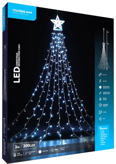 Modee Lichtsnoer Kerstboom met Ster 3 Meter - Kerstverlichting voor Buiten en Binnen - 300 LED Lampjes - 8 Lichtstanden - IP44 - 10.000K - Koud Wit Licht - Per stuk