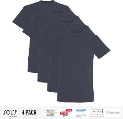4 Pack Sol's Heren T-Shirt 100% biologisch katoen Ronde hals Mouse Grey Maat S