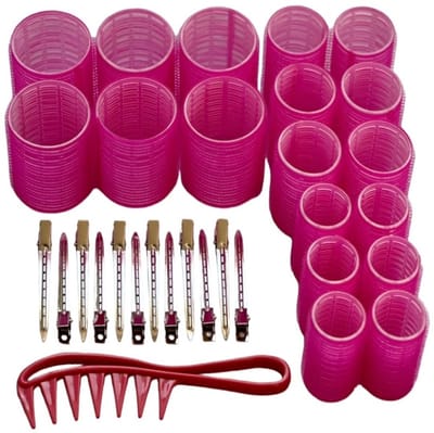 Haarkrultangset, geschikt voor dik haar, doe-het-zelf haarstyling voor vrouwen en kinderen, geschikt voor alle haartypes,31-delige set - roze rood