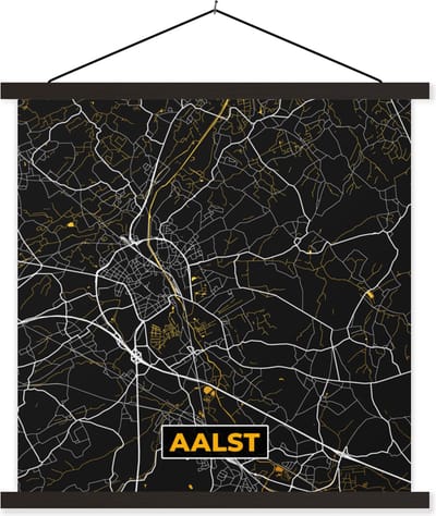 Posterhanger incl. Poster 60x60 cm - Schoolplaat - Aalst - Plattegrond - Kaart - Goud - Stadskaart - Textielposter - Zwarte latten - Stadskaart