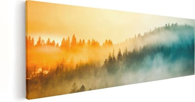 Artaza Canvas Schilderij Mistig Bos - 60x20 cm - Wanddecoratie Natuur - Muurdecoratie Zonsopgang - Schilderijen Op Canvas
