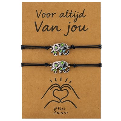 Koppel Armbandjes voor 2 "Voor altijd van jou" - Olifant - BFF Armbandjes met Cadeau Kaartje - Zwart & Zilverkleurig - Elastisch Verstelbaar - Pax Amare