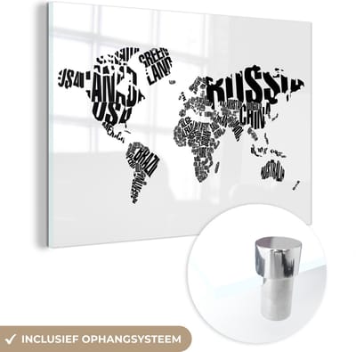 MuchoWow® Glasschilderij 60x40 cm - Schilderij acrylglas - Wereldkaart - Zwart - Wit - Woorden - Kind - Jongen - Meisje - Foto op glas - Schilderijen