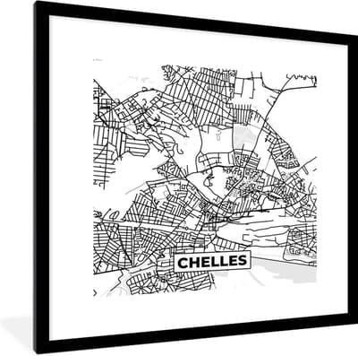 Fotolijst incl. Poster Zwart Wit- Frankrijk - Plattegrond - Chelles - Stadskaart - Kaart - Zwart wit - 40x40 cm - Posterlijst